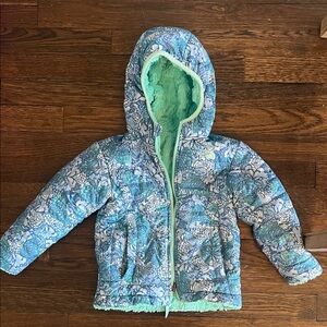 The North Face 3T Blue Floral butterfly Puffer Jacket -reversible Sherpa Lining!